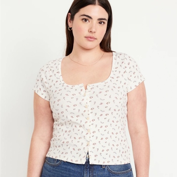 Old navy Ribbed Floral Button Top Plus Size 3X Cream Stretch Scoop Neck NWT - Picture 11 of 13